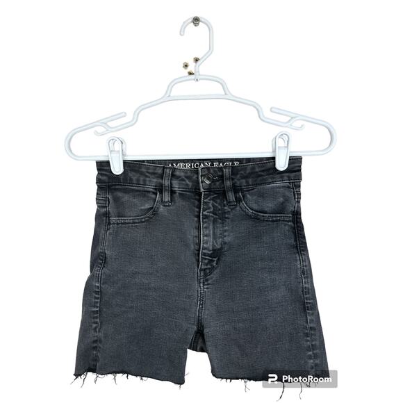 American Eagle Black Cut Off Super Hi Rise High Waisted Jean Shorts Size 00 - Picture 1 of 5